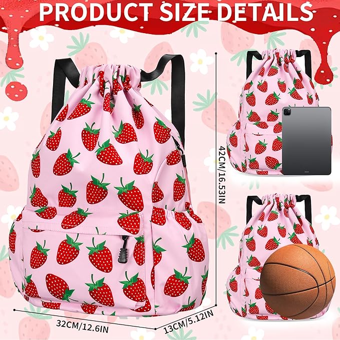 Drawstring Backpack for Women Drawstring Gym Bag Water Resistant Small Cinch Sack Pull String Backpack Bag (Strawberry)