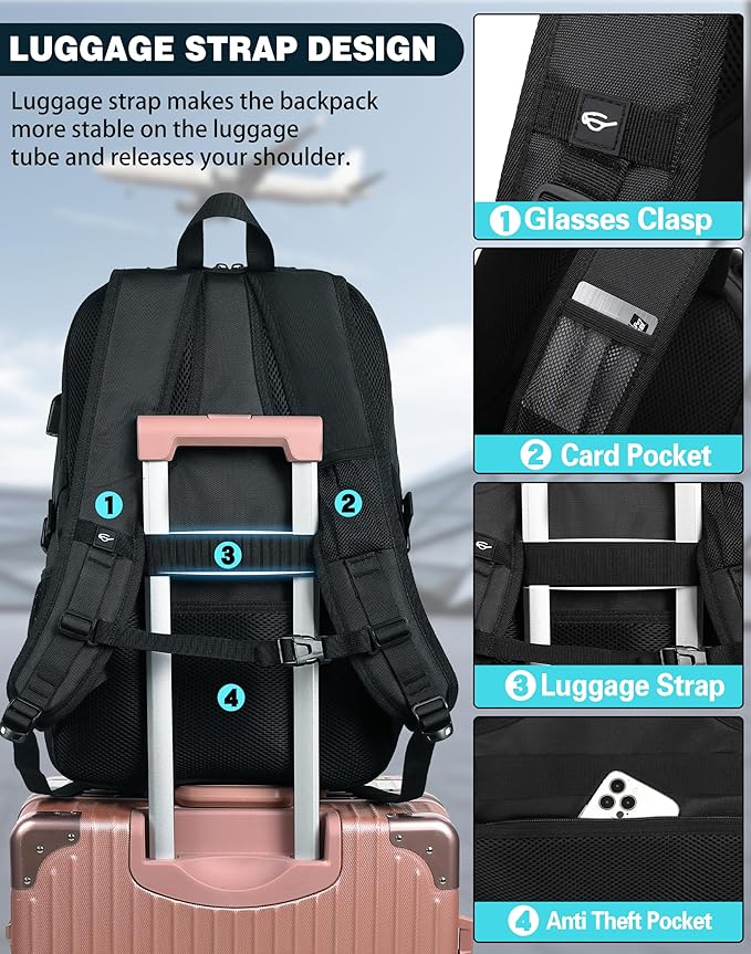 ProEtrade Travel Backpack, Extra Large Laptop Backpack School Business Anti Theft TSA Approved College Work Computer Bag Fits 17 Inch Laptop with USB Charging Port Bookbag for Women Men(Black)