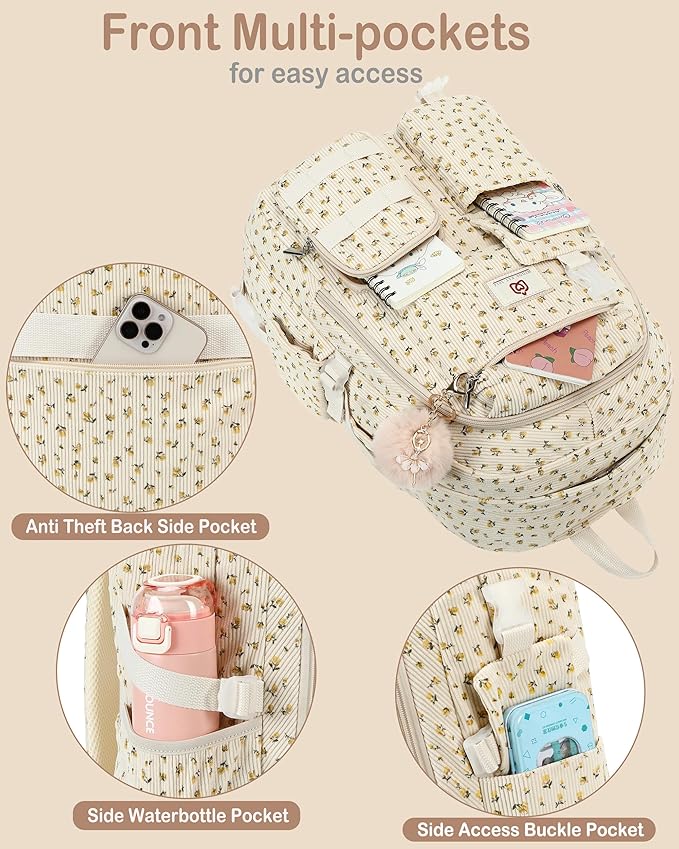 Hidds School Backpack for Teens Girls Women 15.6 Inch Laptop College Backpacks Corduroy Work Bag Kids Elementary Middle High Campus Bookbag Students Anti Theft Travel Daypack Womens - Beige Floral