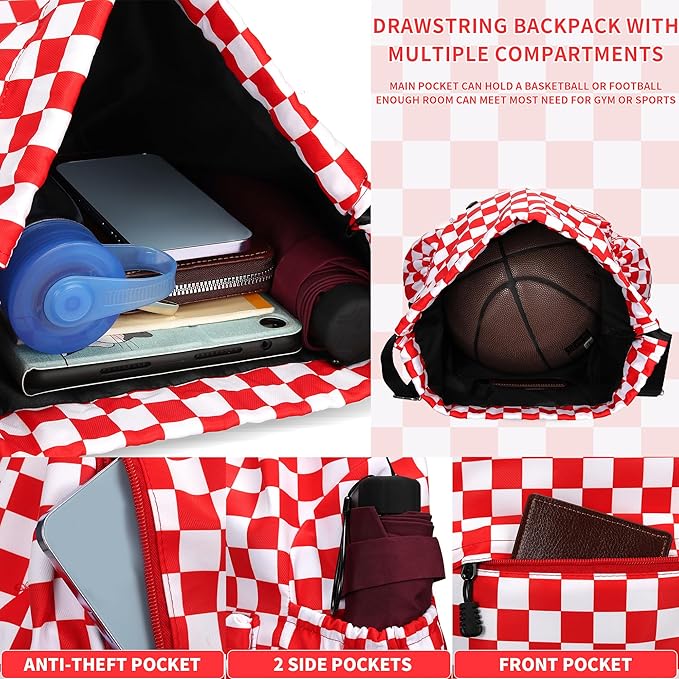 Drawstring Backpack for Women Drawstring Gym Bag Water Resistant Small Cinch Sack Pull String Backpack Bag (Checkered-Pink)