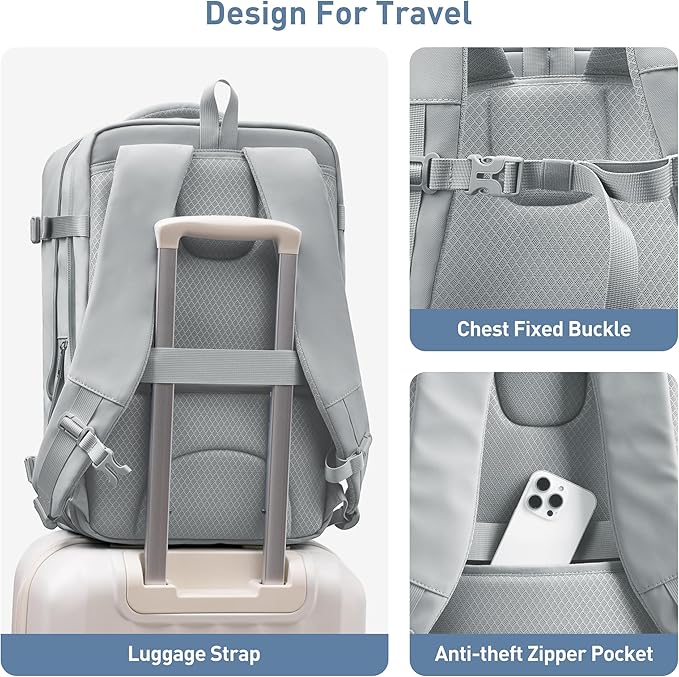 SHOWKOO Laptop Backpack for 17 Inch Laptop, 40L Expandable Large Capacity Backpack, TSA Carry On Travel Backpack with Padded Laptop Compartment, Water-Resistant College & Commuter Bag,Gray