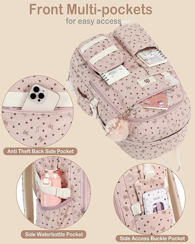 Hidds School Backpack for Teens Girls Women 15.6 Inch Laptop College Backpacks Corduroy Work Bag Kids Elementary Middle High Bookbag Students Back Pack Anti Theft Travel Daypack Womens - Pink Bowknot