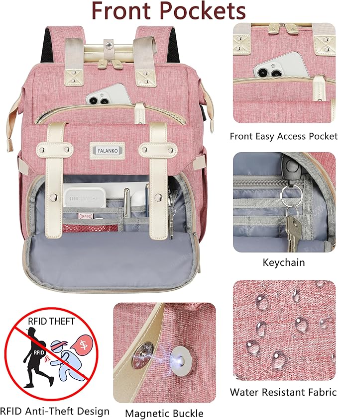 FALANKO Backpack for Women,Wide Open Work Large USB Charging Port Student Bookbag for 15.6 Inch Laptop,Doctor Teacher Nurse College School Travel Bag,Water Resistant Laptop Bookbag Computer Back Pack