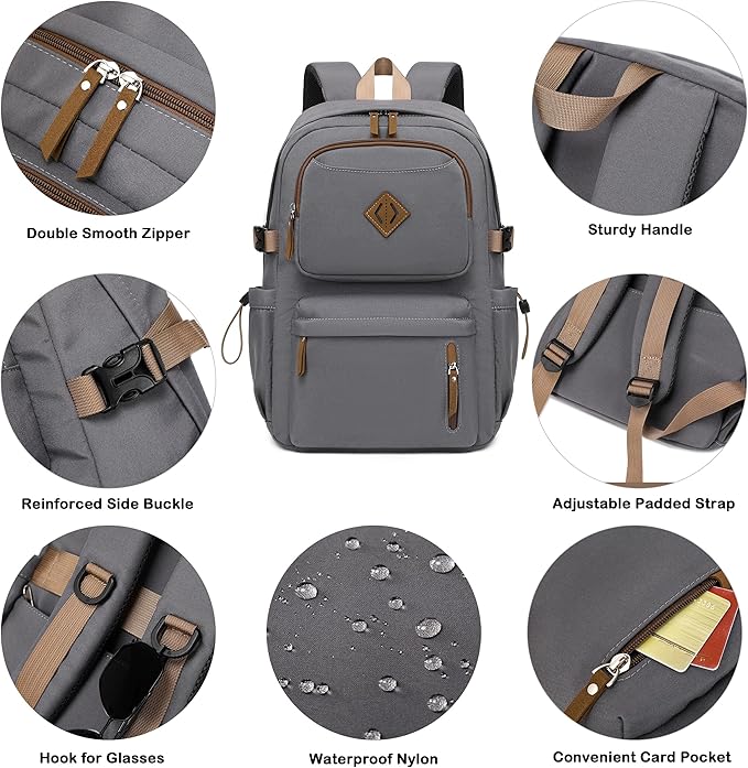 AO ALI VICTORY laptop backpack 15.6 inch anti theft travel backpacks for men and women large college bookbag work business daypack middle high school bag for girls boys teens students grey