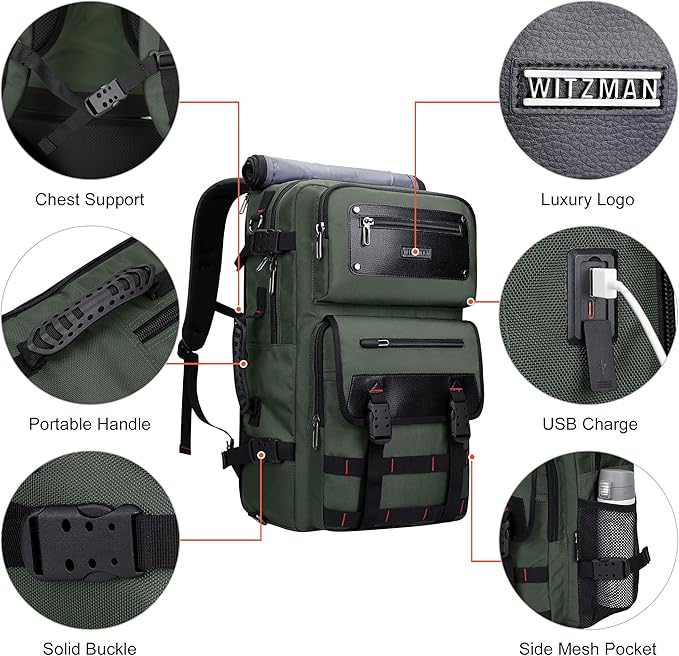 WITZMAN Carry On Travel Backpack for Men Duffle Bags Fit 17 Inch Laptop Airline Approved Laptop Backpack(B685 Army Green)