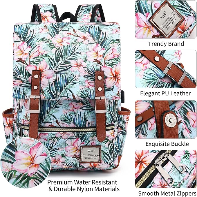 YGR Floral Laptop Backpack for Women, Female, School, Travel, Business, Outdoor Sports, Office, Work