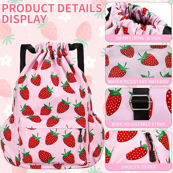 Drawstring Backpack for Women Drawstring Gym Bag Water Resistant Small Cinch Sack Pull String Backpack Bag (Strawberry)