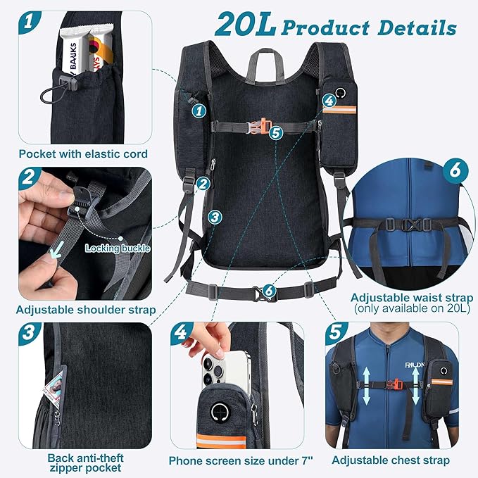20L Small Hiking Backpack for Men Women Foldable Packable Back Pack Ultralight Hiking Daypack for Travel Camping Outdoor, Black