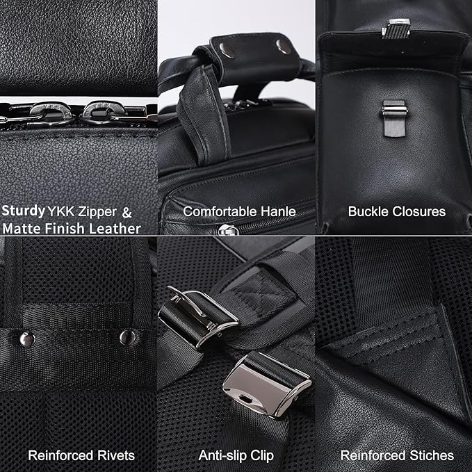 Masa Kawa Black Leather Backpack for Men 15.6 Inch Laptop Bag Multi Pockets Casual Work Business Travel Daypack