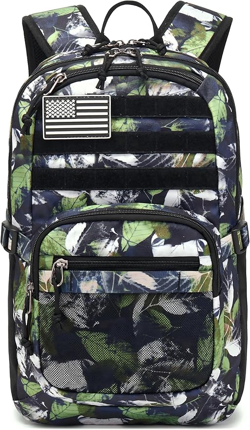 Military Tactical Backpack for Men Army 3 Days Assault Pack Bag with Molle System for Outdoor Adventures (green leaves, 30L)
