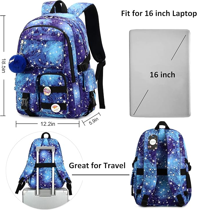 Hidds Laptop Backpacks 16 Inch School Bag College Backpack Anti Theft Travel Casual Daypack Bags Cute Bookbags Large Colorfull Carry on Back Pack for Teens Girls Women Students (Galaxy Blue)