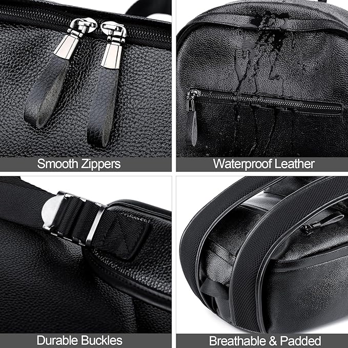 weiatas Black Leather Laptop Backpack for Men Women Work Travel, College School Backpack Casual Daypack fits 15.6 Inch