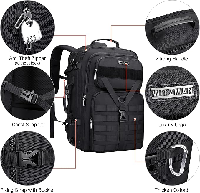 WITZMAN Carry On Travel Backpack for Men Large Convertible 45L Fit 17 Inch Laptop Backpack 3 in 1 Bag for Airline Approved(B688 Black)