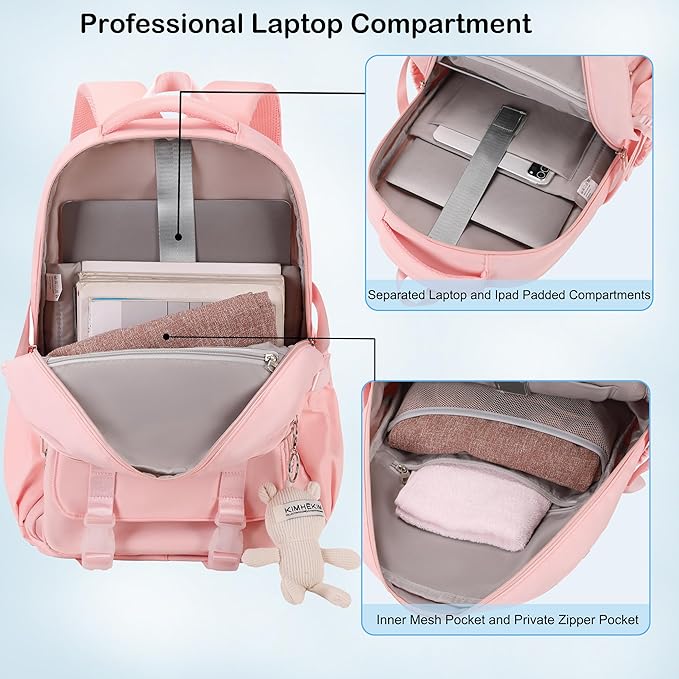Hidds College Backpack Laptop Backpacks 15.6 Inch for Men Women Elementary Middle High School Book Bag For Teens Girls Boys Student Anti Theft Travel Daypack Large Bookbags-Pink