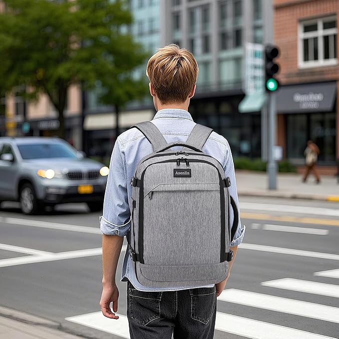 Asenlin Travel Backpack for Women Men,Flight Approved Carry On Luggage 30L Water Resistant Business Mochila Work Laptop Backpacks Fits TSA 15.6 Inch Computer College Weekender Outdoor Hiking-Grey