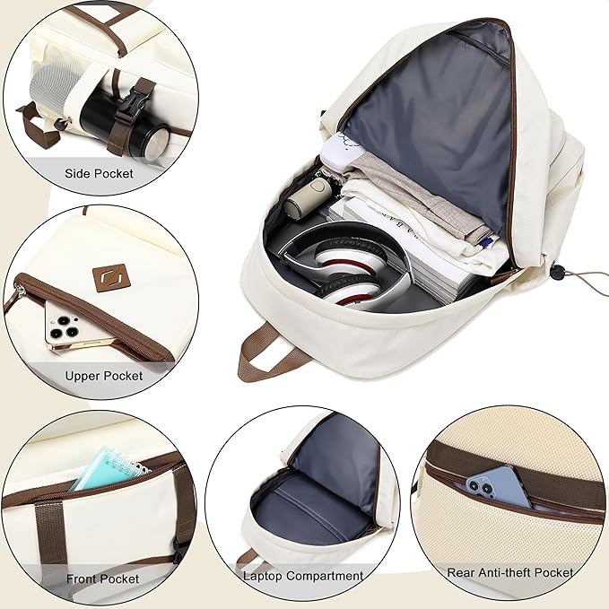 Laptop Backpack 15 -17 Inch for Women Men Large College Bookbag Elementary Middle High School Bag for Kids Teens Girls Boys Student Waterproof Travel Backpacks Book Rucksack Work Daypack Beige