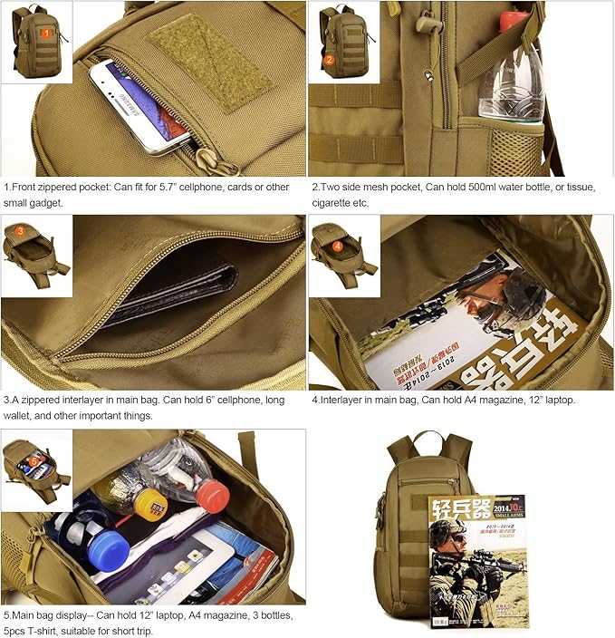 HUNTVP 10L Tactical Backpack Small Backpack Mini Daypack Military MOLLE Rucksack Gear Tactical Assault Pack Bag for Hunting Camping Trekking(10L-Jungle Camouflage)