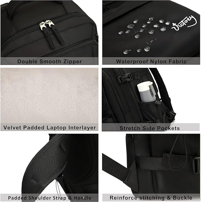 Travel Backpack for Women Men 15.6 Inch Laptop Backpacks with USB Port Carry on Bag Airline Approved Large College School Bookbags Waterproof Work Business Sport Rucksack Casual Daypack (Black)
