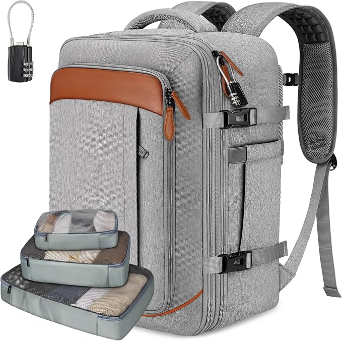 Vancropak Carry on Backpack, Flight Approved 18x14x8 Travel Backpack with 3 Packing Cubes, Expandable Large 40L Travel Bag fits 17.3" Laptop, Anti Theft Luggage Suitcase Weekend for Women Men, Grey