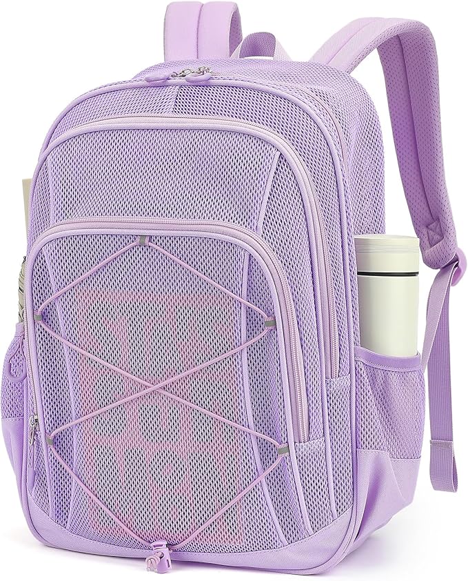 Mesh Backpack, Heavy Duty Mesh Bookbag for Girls Boys Kids, See Through Clear Backpacks, Net Backpack Transparent Breathable for School Beach Swim Travel Outdoor, Purple