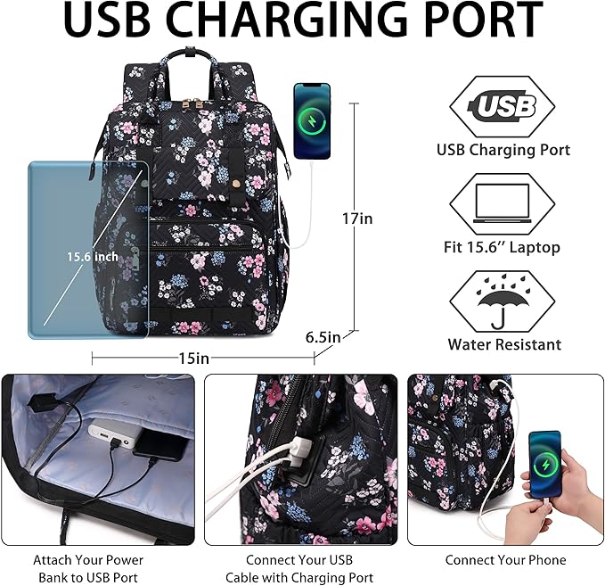 Hidds Laptop Backpack Purse for Women, Work Business College School Commuter Computer Bag Large Girls Nurse Teacher Bookbags Anti Theft Ladies Travel Daypack with Charging Port for 15.6 Inch Laptops