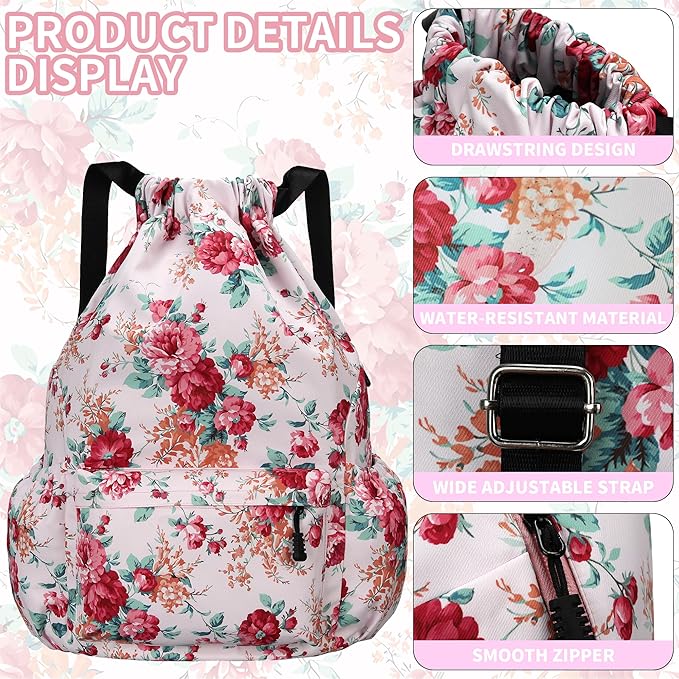Drawstring Backpack for Women Drawstring Gym Bag Water Resistant Small Cinch Sack Pull String Backpack Bag (Flower-D)