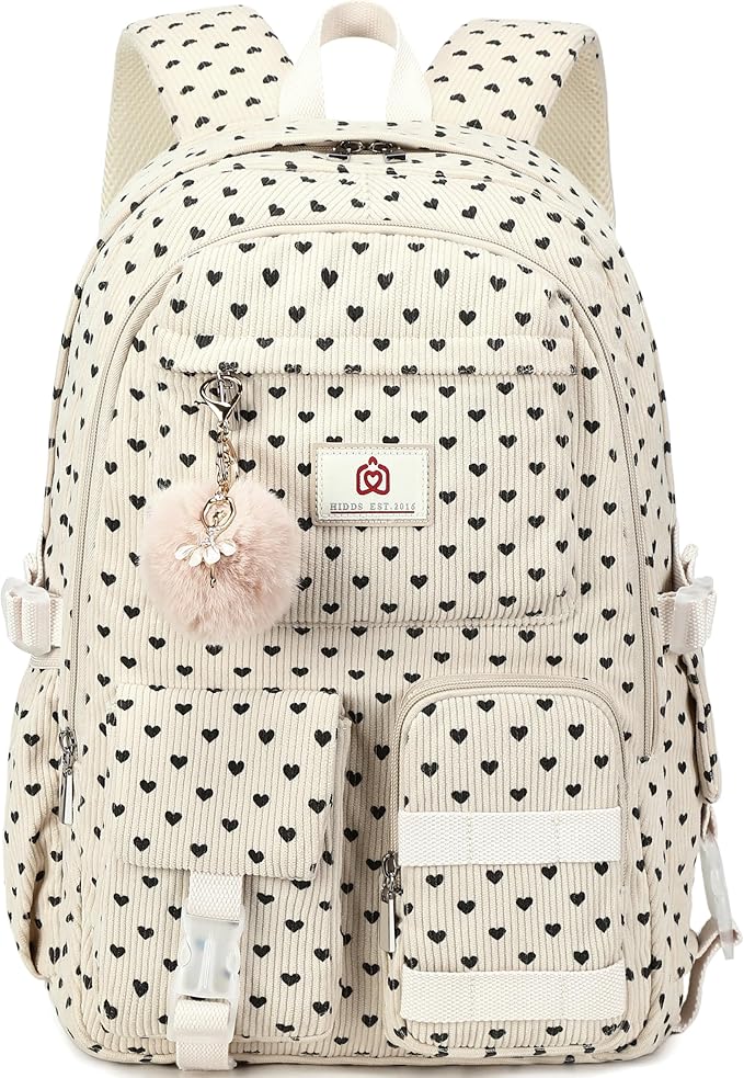 School Backpack for Teens Girls Women 15.6 Inch Laptop College Backpacks Corduroy Work Bag Kids Elementary Middle High School Bookbag Students Back Pack Travel Daypack Womens-Corduroy Beige Heart-1