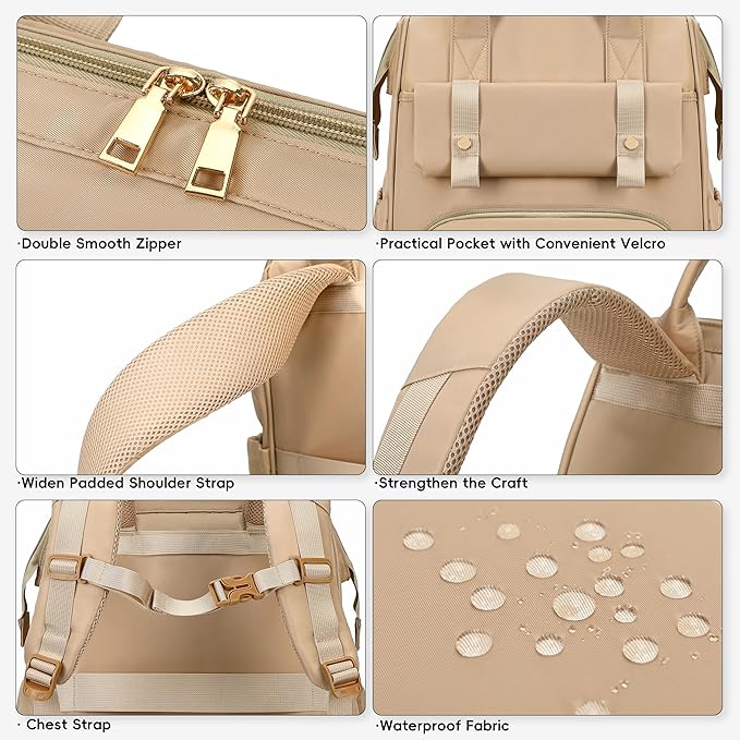 Hidds Laptop Backpack for Women 15.6 In Work Business Computer Bag School College Backpacks Commuter Back Pack Purse Girls Nursing Bookbags Womens Anti Theft Travel Daypack with USB Port - Champagne