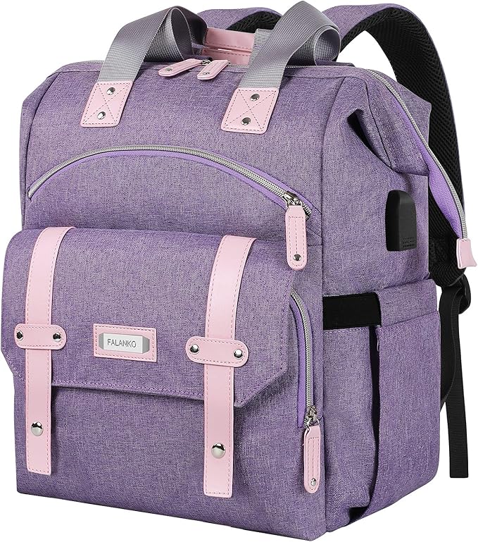 FALANKO Laptop Backpack for Women,Large Computer Backpack Fits 17 Inch Laptop with USB Charging Port RFID Water Resistant purse Casual Purple Bookbag for Teacher/work/College/nurse/Doctor/Woman