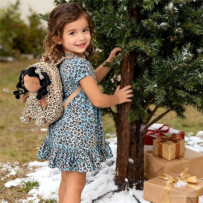 Gloveleya Toddler Backpack Baby Girl Gifts Curly Hair Plush Figures Dress Backpack Kids Backpack Curly Hair Spring Girl - Black Leopard 9inches