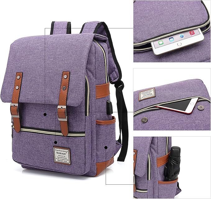 UGRACE Vintage Laptop Backpack with USB Charging Port, Elegant Water Resistant Travelling Backpack Casual Daypacks College Shoulder Bag for Men Women, Fits up to 15.6Inch Laptop in Purple