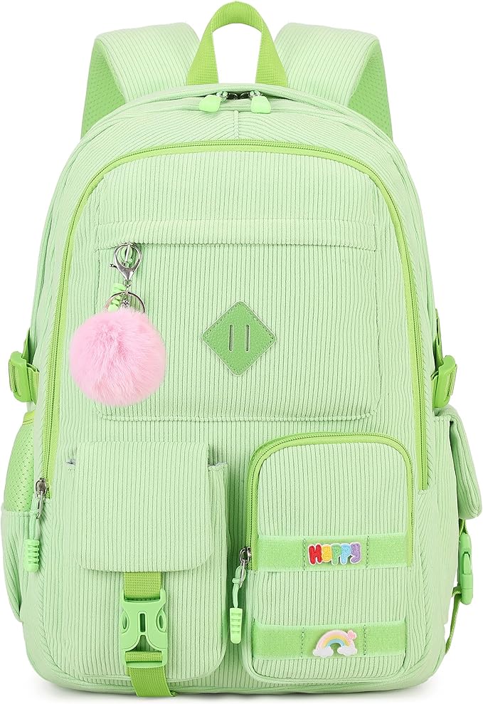 Girls Laptop Backpack Corduroy Bookbag For Teen Big Studen School Bag Durable Travel Daypack (5green)