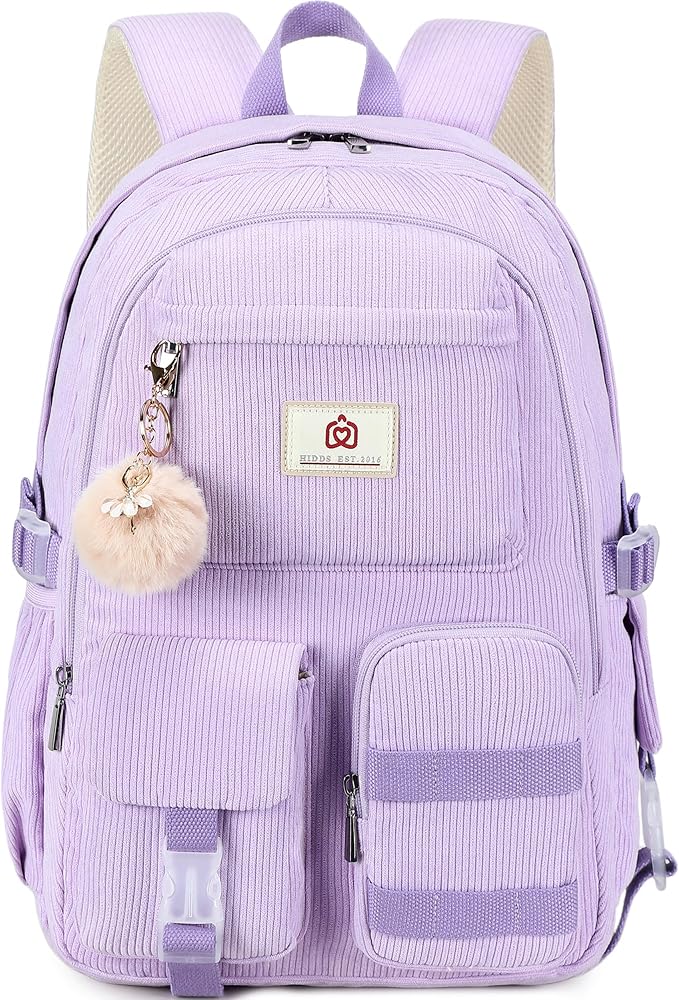 Hidds School Backpack for Teens Girls Women 15.6 Inch Laptop College Backpacks Corduroy Kids Bookbag Students Travel Daypack Womens (Purple)