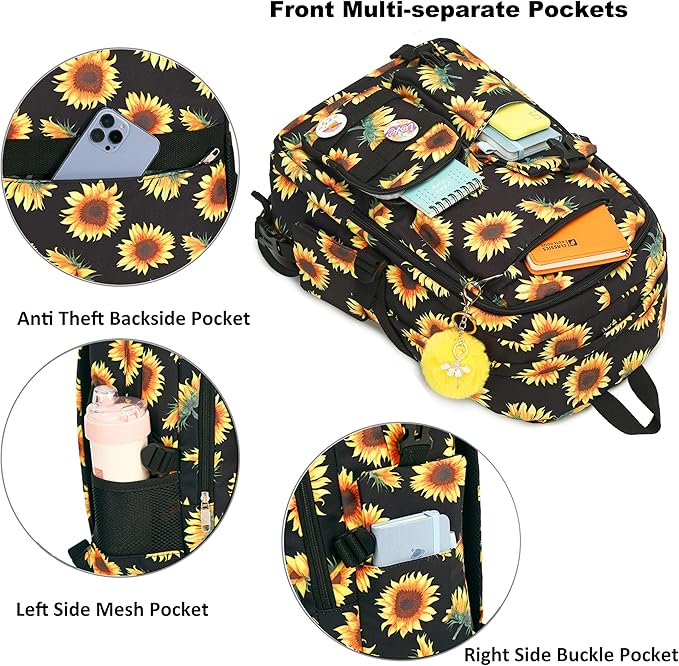 Hidds Laptop Backpacks 15.6 Inch College Backpack Elementary Middle High School Book Bag Cute Bookbags Anti Theft Travel Back Pack Casual Daypack Kids for Teens Girls Women Students (Sunflower Black)