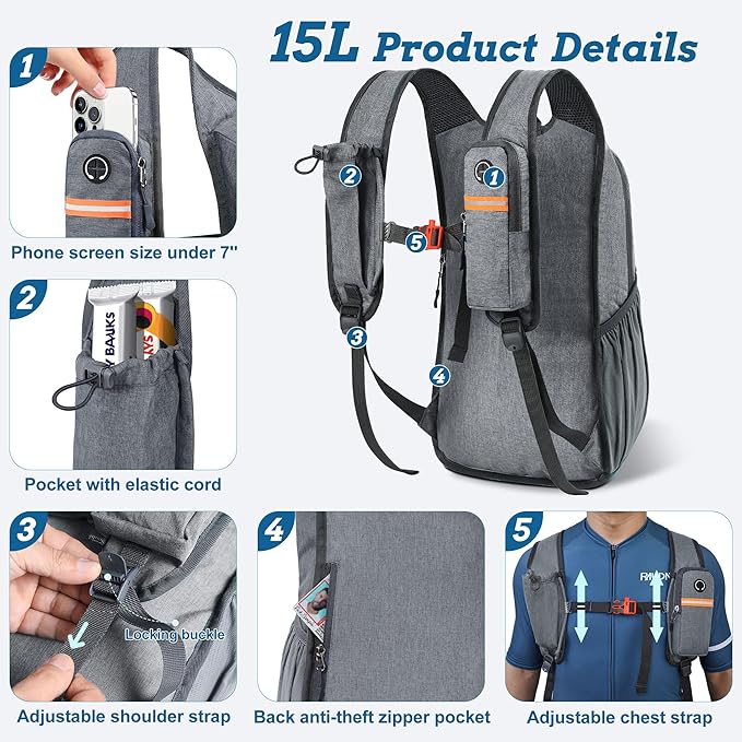 15L Small Hiking Backpack for Men Women Foldable Packable Back Pack Ultralight Hiking Daypack for Travel Camping Outdoor, Gray