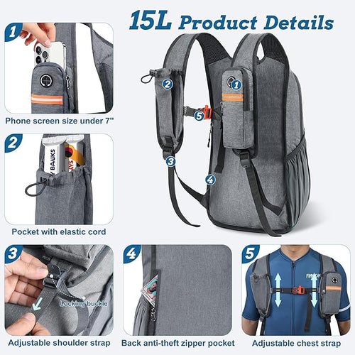 15L Small Hiking Backpack for Men Women Foldable Packable Back Pack Ultralight Hiking Daypack for Travel Camping Outdoor, Gray